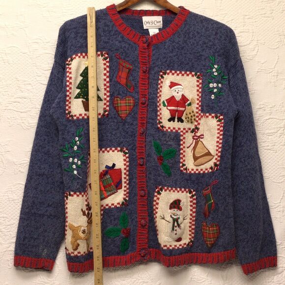 Carly St Claire Blue Red Patchwork Beaded Ugly Christmas Cardigan Vintage Small - Picture 4 of 7